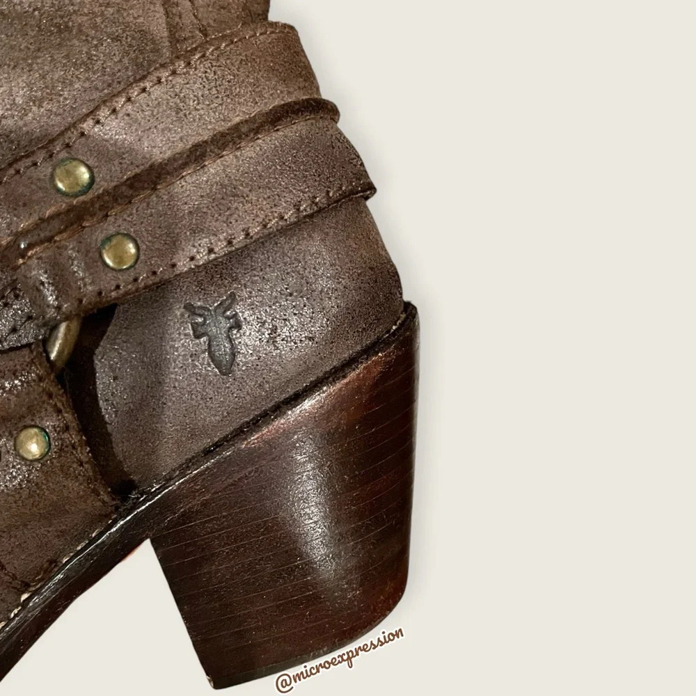 $379 Frye Carmen Harness Motorcycle Brown Leather Mid Calf Pull On Short Boot - Picture 10 of 13